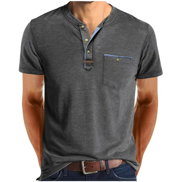 pstuiky camiseta de hombre, Blusa de manga corta con cuello vuelto, bolsillos y botones de colores lisos para hombre camisas casuales para hombre l