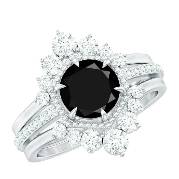 Rosec Jewels Real Black Spinel Wedding Bridal Ring Set of 3 - Vintage Style Engagement Ring with Enhancer - AAA Quality, 925 Sterling Silver, US 4.00