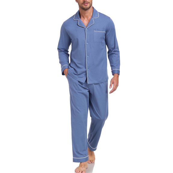 EA'S SECRET Mens Pajamas Set Soft 100% Cotton Notched Collar Pajamas for Men Long Sleeve Button Down Pjs Mens Sleepwear with Pockets(Blue,L)