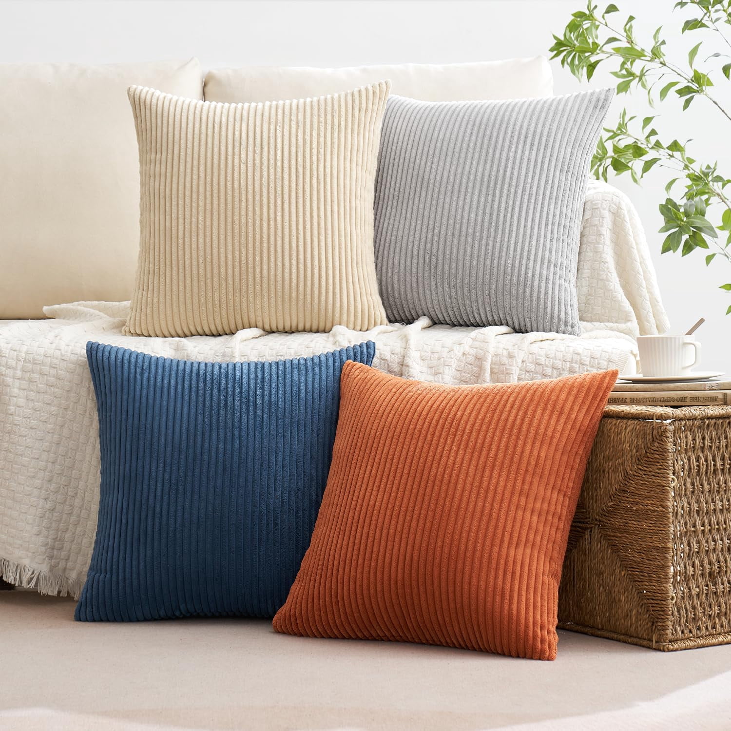Boho Farmhouse Throw Pillow Covers 18x18 Inch Set Of 4 Summer Mordern Neutral Cushion Soft Corduroy Nordic Home Decor For Couch Bed Sofa Living Room Blue-yellow