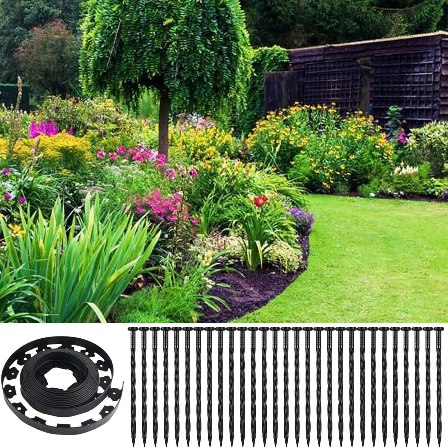 Landscape Edging Border 2 Inch Tall | 100 FT with 150 PCS Spikes, Plastic Lawn Edging for Landscaping, Flower Beds, and Yard - Black