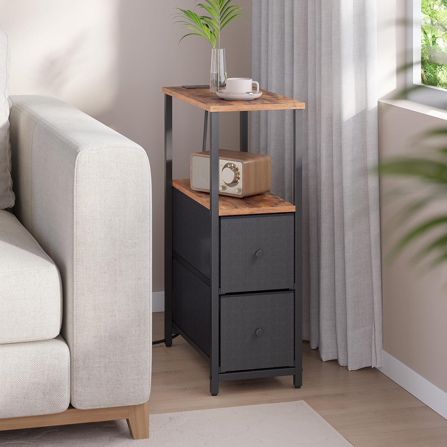 Small Narrow End Table with Charging Station, Set of 2, Side Table with Outlets, Nightstand with 2 Cloth Drawers, Couch Table, for Living Room, Bedroom, Bedside, Brown and Black