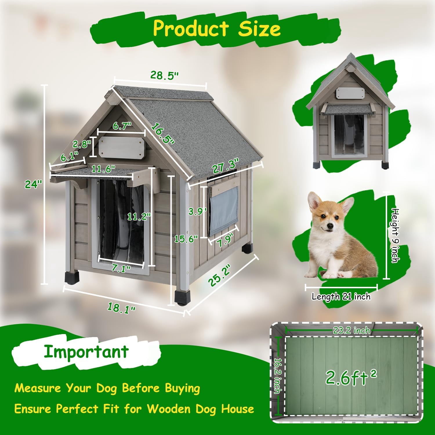 Petsblublu Dog House Outdoor Indoor Waterproof for Small Dog with Raised Feet, 18" D*28.5" W*24" H