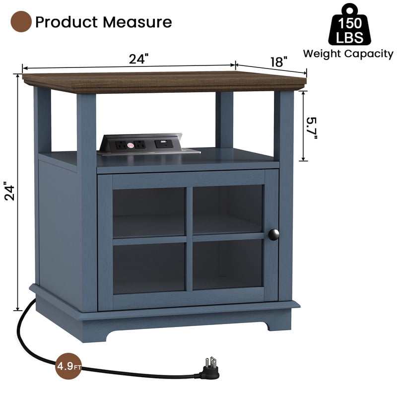 Plamle 24 Inch End Table with Charging Station, Nightstand with USB Ports & Outlets, Storage Side Table with Adjustable Shelf & Glass Door for Bedroom Living Room, Wood Finish