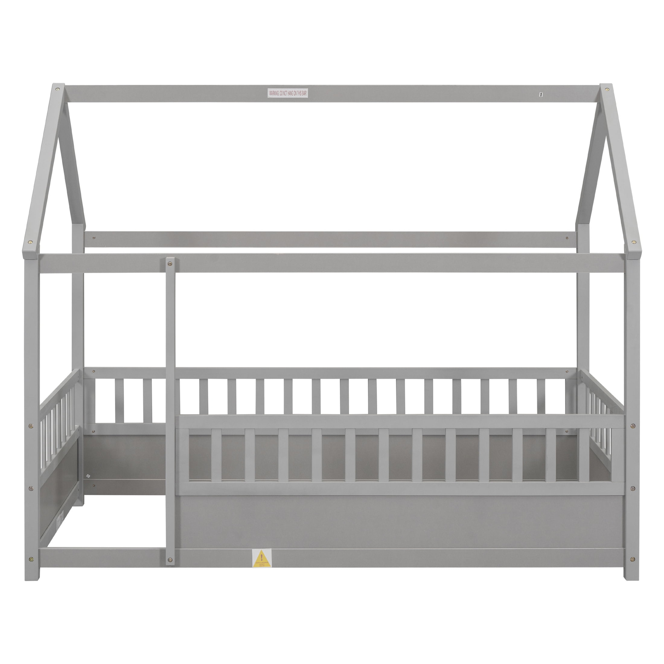 Noble House Twin Size Floor Bed with House Roof Frame and 20" Safety Guardrails, Gray