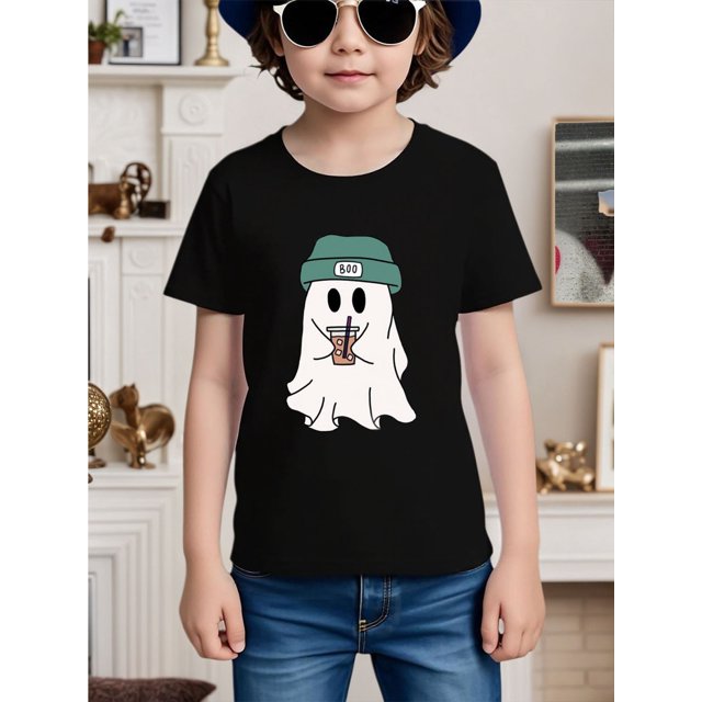 Boys' Summer Short-Sleeve Cotton T-Shirt with Cute Ghost Print - Breathable, Soft, and Stylish for Kids and Unisex Students, Casual Crew Neck Tee, Casual Summer Wear | Playful Print Tee | Comfortable