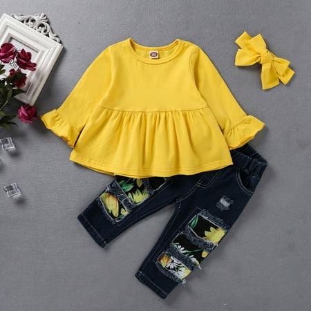 

Toddler Kids Girls Flowers Print Flare Sleeve Tops+Ripped Jeans+Hairband Outfits