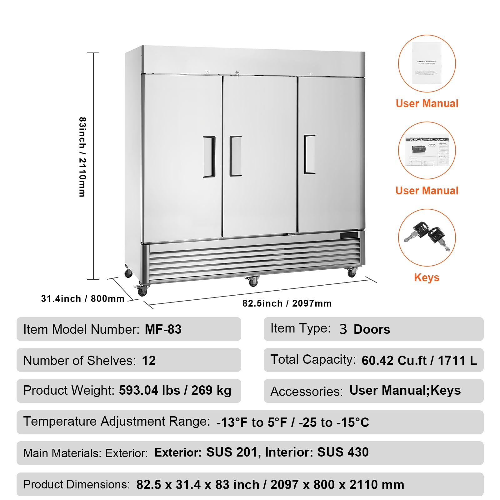 KFFKFF  60.42 Cu.ft Reach-In Refrigerator Commercial Upright Refrigerator 82.5" Wide with Triple Doors, Stainless Steel Auto-Defrost 12 Adjustable Shelves, Temperature Range -13 to 5℉