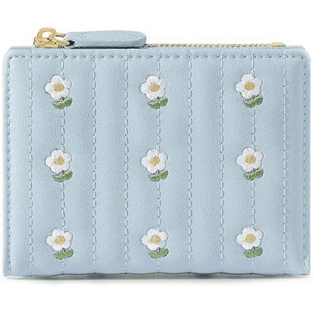 Cartera pequeña para niñas y mujeres Cartera triple Bolsillo en efectivo Tarjetero Monedero con ventana de identificación elegante juvenil y lindo- -flores-azul 11.5*9*2.5cm