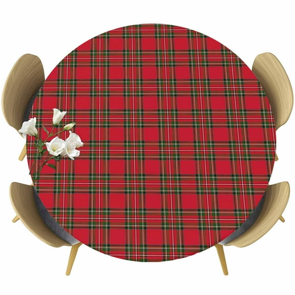 Red Green Checkered Fitted Tablecloth with Elastic Edged, Round Table Cloth for Dining Table, Christmas Red and Green Plaid Waterproof Oil Proof Table Cover for Indoor Outdoor 45"-54"