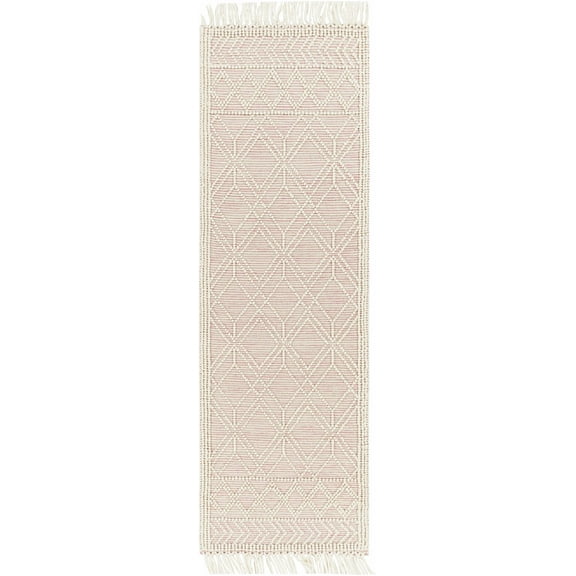 Boutique Rugs Arnside Boho Hand Woven Wool High Low Textured Runner Rug - Farmhouse Trellis Pattern with Tassel Carpet for Hallway - Ivory, Cream, Rose, Blush, Pink Rug - 2'6" x 8' (2x8)
