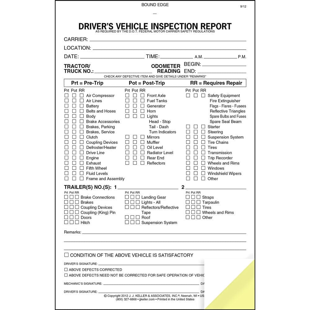 Detailed Driver Vehicle Inspection Report Book (Pre- & Post-Trip) 25-pk., 2-Ply Carbonless, 5.5"x8.5", 31 Sets of Forms Per Book