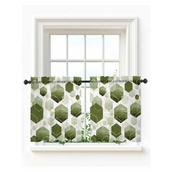 Sage Green Geometric Tier Curtains 24 Inch Length,Sheer Curtains for Bedroom Living Room Window, Gold White Hexagon Modern Rod Pocket Voile Drapes Kitchen Curtains for Small Window 27.5"x24" 2 Panels