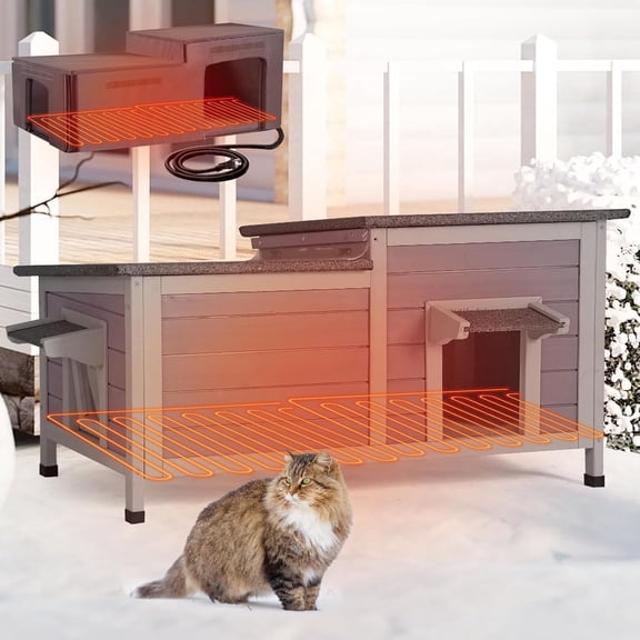 Aivituvin Large Heated Cat House Outdoor Insulated Cat House 2-Room Weatherproof Outside Shelter with Safety Heating Pad Extra Entrances for 2-3 Cats