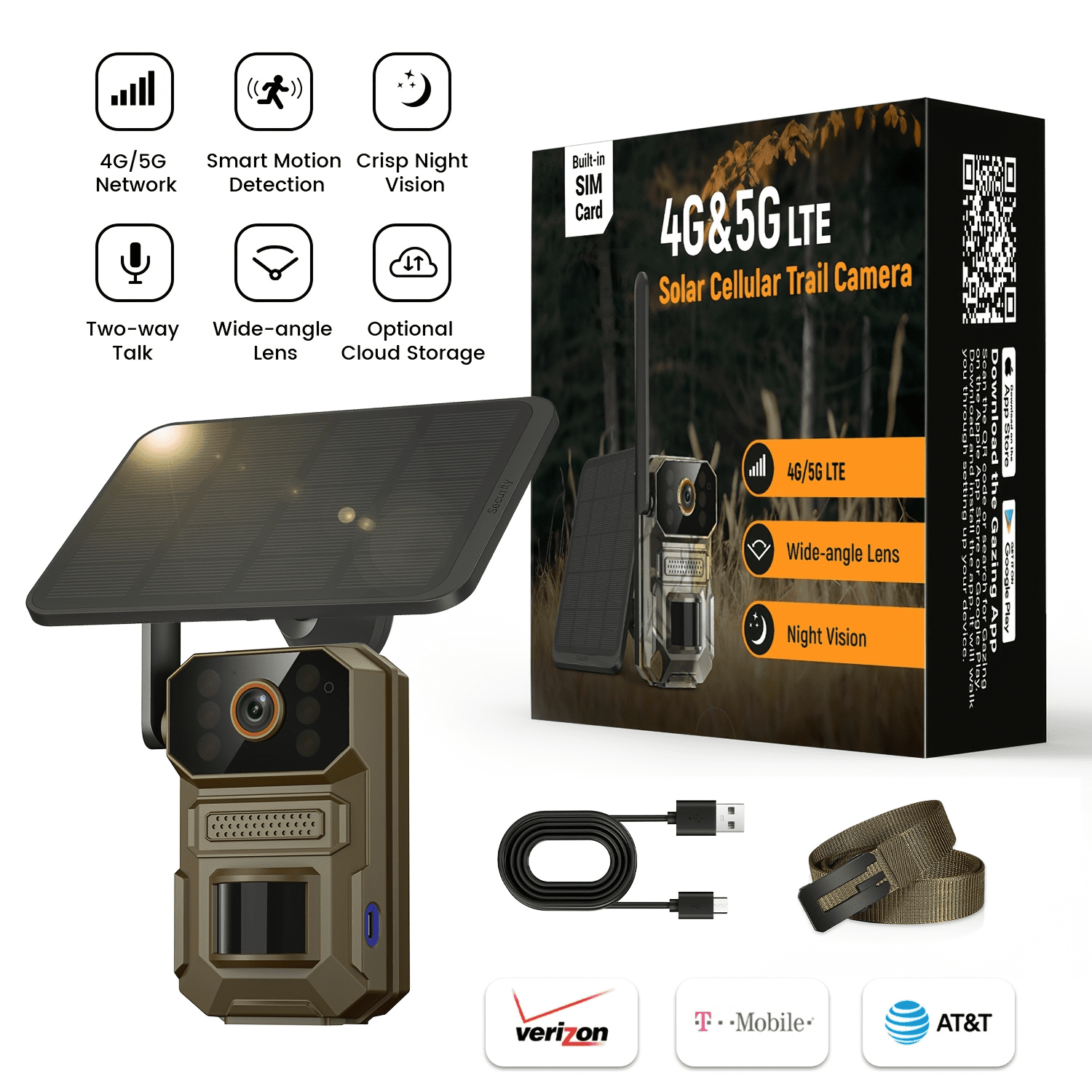 tracking camera with solar panel USB port charging built-in battery 5200mAh 4G/5G LTE cellular real-time viewing third-generation cellular tracking camera 1440P