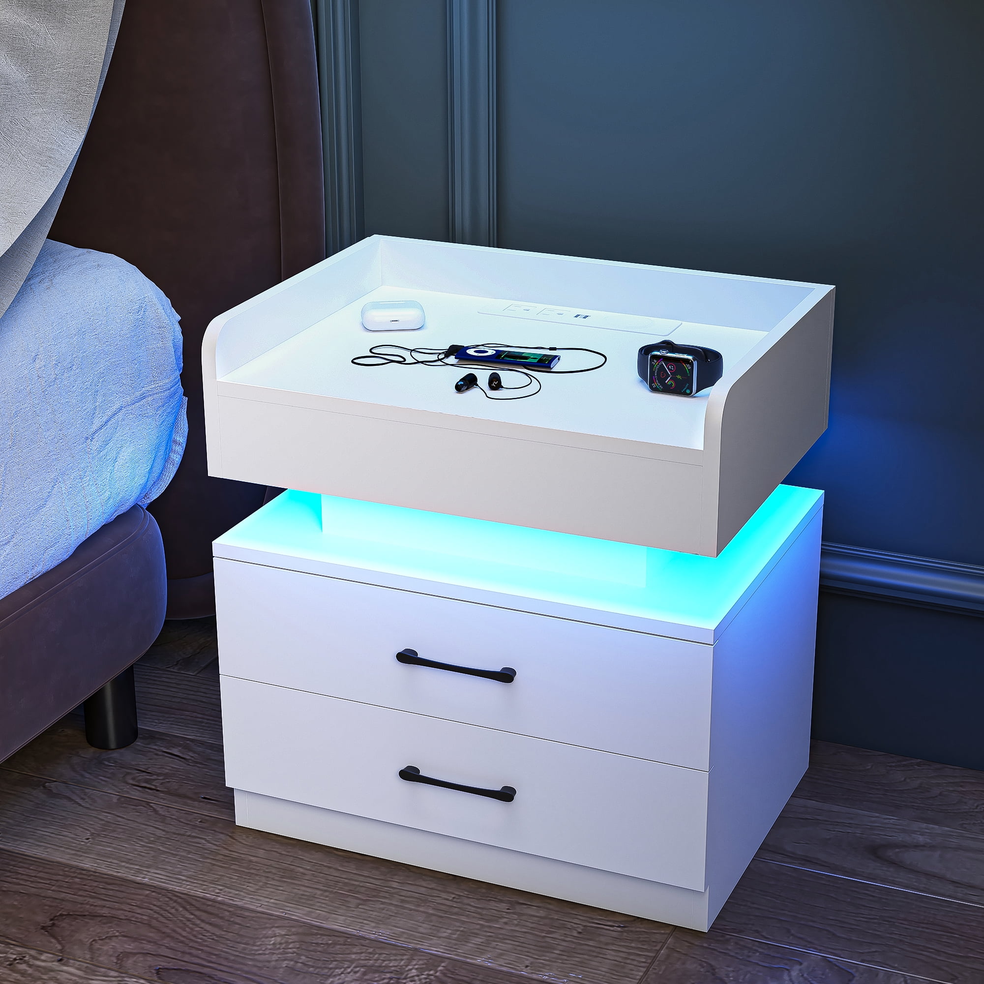 Resenkos Wireless Charging Nightstand with 2 Drawers and Remote Control LED Light, White