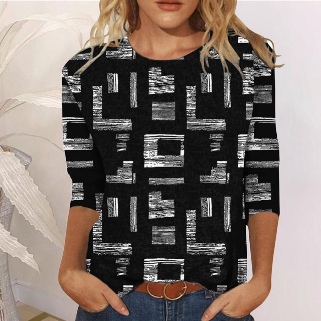 Hauts pour Femmes Mode T-shirt Imprimé Manches 3/4 Blouse Col Rond Hauts Décontractés Manches Longues T-Shirts pour Femmes en Solde