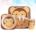 thumbnail image 1 of HLONK Monkey Pattern Kids Bamboo Fiber Tableware Set Portable Lightweight Brown for Kids 5pcs, 1 of 8