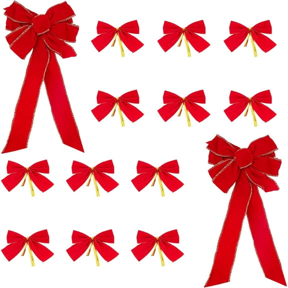 14 Pcs Red Christmas Bows 2 Styles Christmas Tree Topper Wreath Red Satin Twist Tie Pretied Ribbon Bows Garland Decorative for DIY Xmas Home Outdoor Decor Packing Gift Red