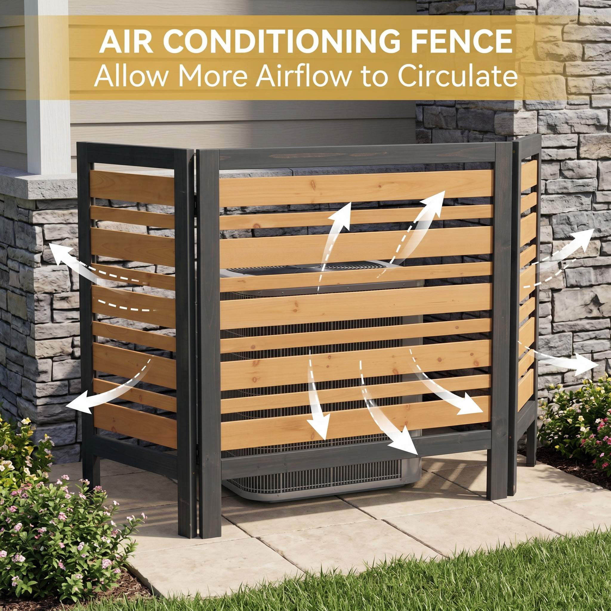 Outdoor Wood Privacy Fence 3-Panel 38W x 42H, Solid Wood Air Conditioner Screen with Slat Spacing for AC Unit Trash Can Pool Pump Enclosure, Black and Gold