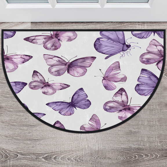 CURLYOOT Butterfly Purple Half Round Door Mat 40'' x 63'', Indoor Outdoor Entrance Rug, Semi Circular Area Rug, Non Slip Washable Absorbent Doormat, Laundry Room Rug
