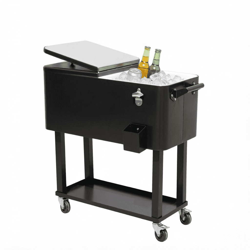 80 Quart 20 Gallon Rolling Outdoor Patio Cooler Cart, Beverage Ice Chest with Lockable Wheels, Built-in Bottle Opener & Drain Plug with Bottom Storage Shelf for Backyard Pool BBQ Party