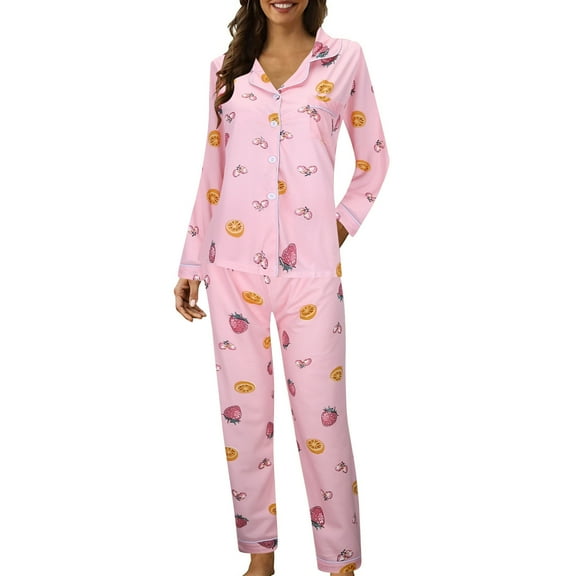 Christmas pajamas Women's Casual Lapel Button Print Long Sleeved Pajama Pants Two Piece Set