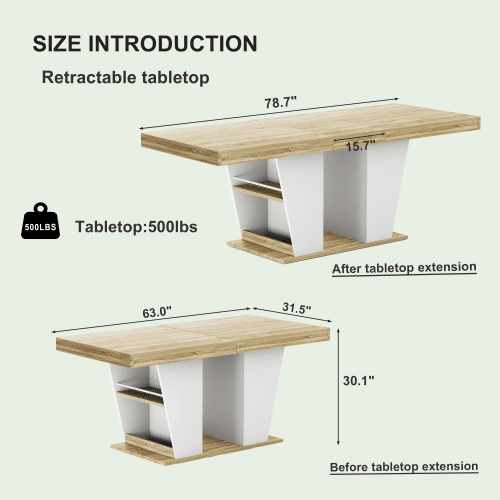 63" to 78.7" Extendable Rustic Dining Table, Mid-Century Modern Wood Kitchen Table with Storage Shelves, Seats 8-10, Natural & White