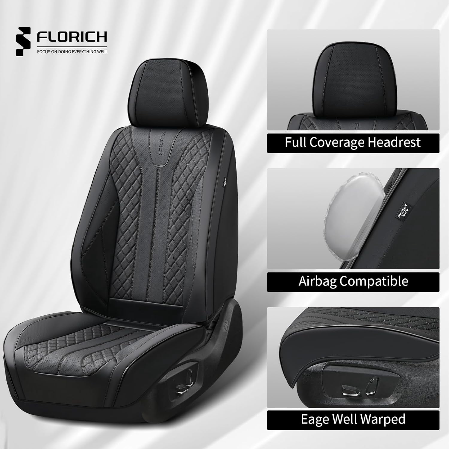 FLORICH Front Pair Car Seat Covers, Premium Faux Leather Seat Protectors, Breathable Material Cushions Universal Fit for Most Cars, Black