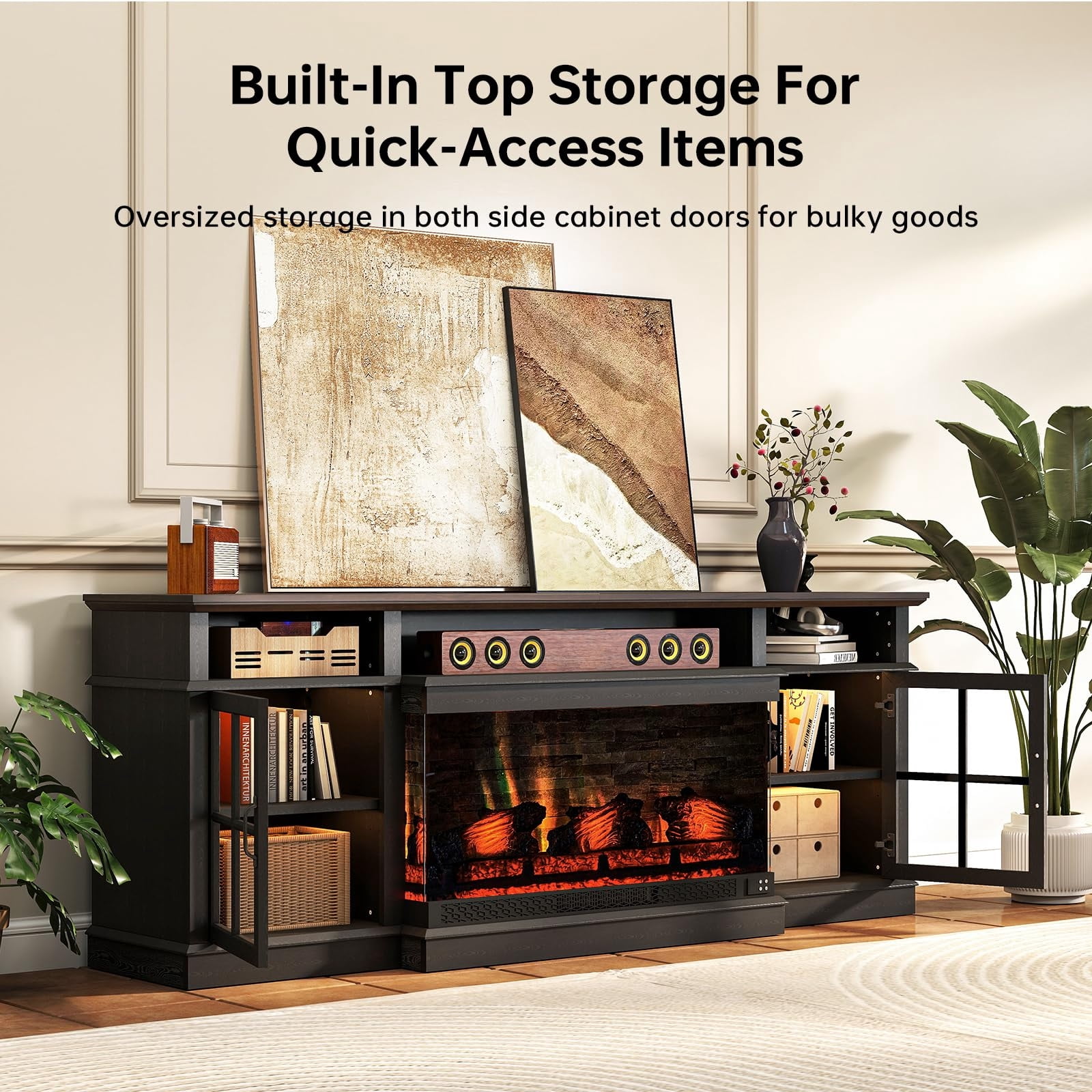 Sonegra 36 Inch Fireplace TV Stand with LED Light, Entertainment Center with 3-Sided Glass Fireplace for TVs up to 80", TV Console, Black