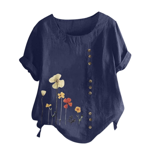 Mujeres manga corta casual cuello redondo impreso botón suelto túnica camisa blusa tops Pompotops hkajfhjk470049