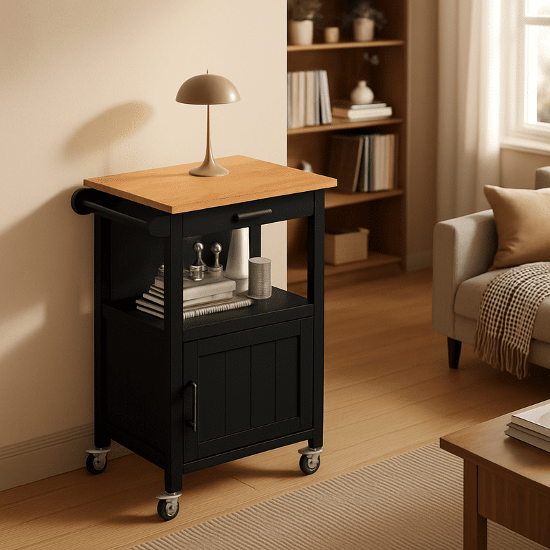 Rolling Kitchen Island Cart with Rubber Wood Countertop, Mobile Storage Cart Featuring Drawer, Cabinet, Shelf and Side Hooks, Compact Microwave Stand for Small Kitchen Spaces, Black