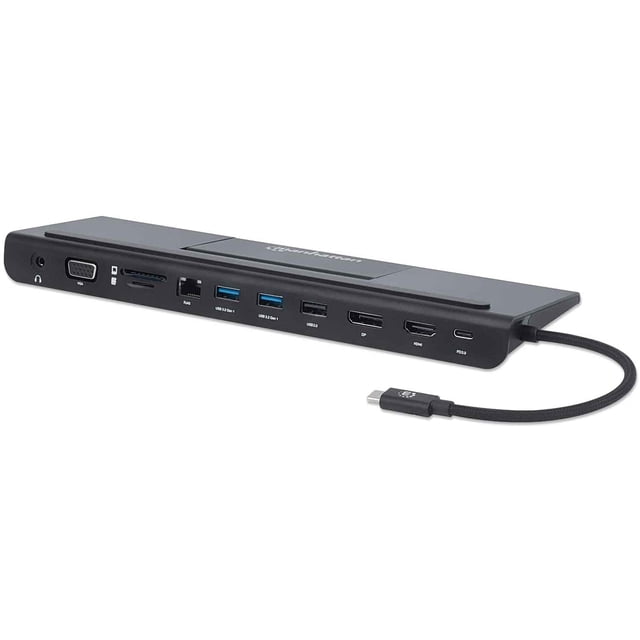 Docking station de USB-C a 11 puertos, para tres monitores, con MST Manhattan USB-C 3.2 Macho a HDMI, DP y VGA hembras, dos puertos USB-A 3.2 Gen 1