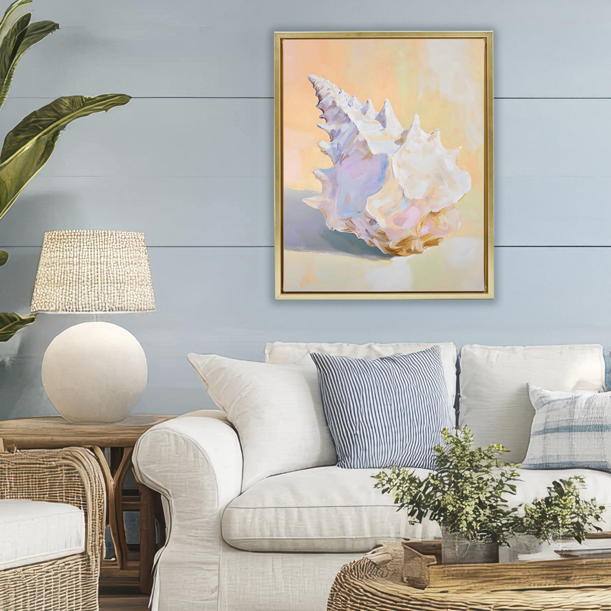 Stupell Industries Vintage Shell in Pastel Light Gold Framed Floater Canvas Wall Art, design by The Prints Vibe