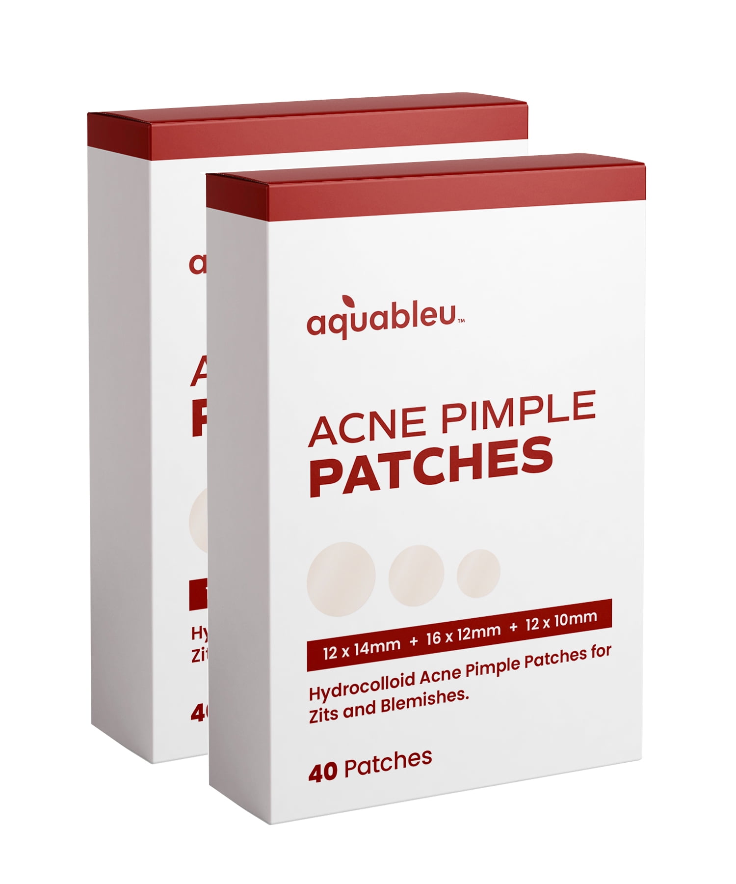 AQUABLEU Acne Pimple Patch - 40 Hydrocolloid Patches in 3 x Sizes [12 x 10mm + 16 x 12mm + 10 x 14mm] - For Zits and Blemishes - Quick & Effective, Blemish Cover - Discreet and Invisible - Pack of 2