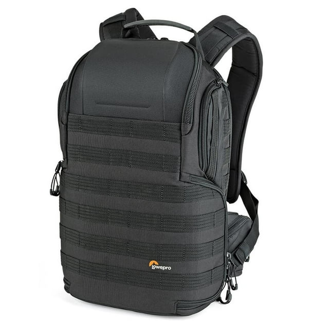 Lowepro ProTactic BP 350 AW II 16L Green Line Camera and Laptop Backpack in black, featuring a rugged design with FormShell technology for impact protection. The backpack includes four access points—top, back, and both sides—for quick and secure access to gear. It has a CradleFit compartment for a 13-inch laptop, an ActivZone back panel for comfort and ventilation, and a modular SlipLock system for attaching accessories like a tripod or water bottle. Designed for standard DSLR cameras, it includes a removable utility waist belt, smartphone pouch, and tripod cup.