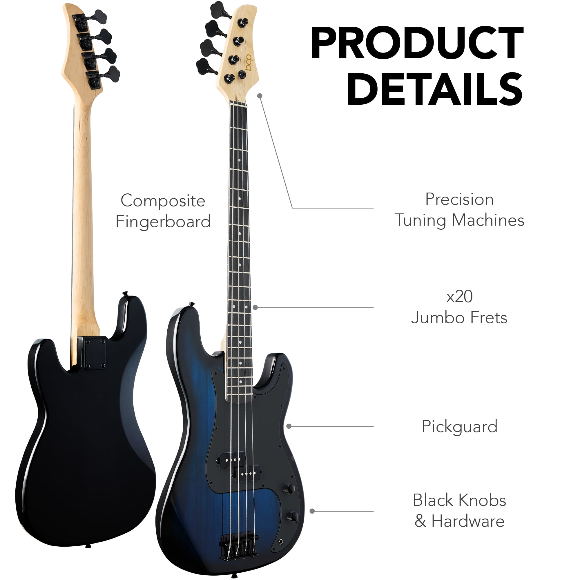 Best Choice Products Full Size Beginner 4-String Electric Guitar Bass Guitar w/ Padded Case - Hollywood Blue/Black