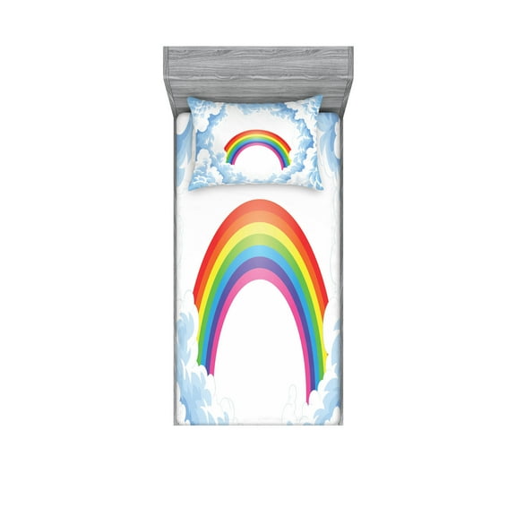 Ambesonne Cartoon Fitted Sheet & Pillow Sham Set, Rainbow Fluffy Clouds, Twinxl, Pale Blue Yellow