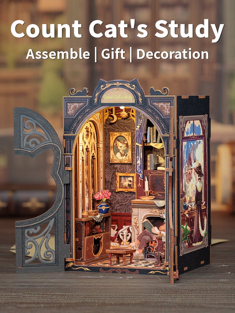 Tradeopia 3D Wooden Puzzle Count Cats Study DIY Book Nook Kit