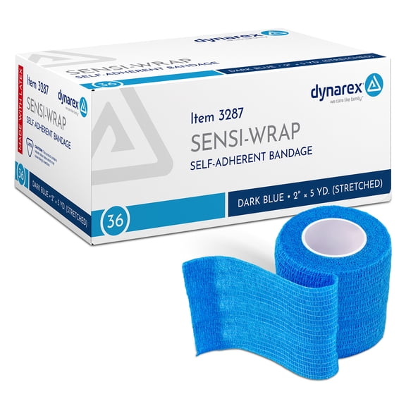 Dynarex Sensi-Wrap Self-Adhesive Bandages, 36-Pack, 2" x 5 yards, Dark Blue, Latex, Colored Elastic Cohesive Athletic Tape, Tattoo Grip & Vet Wrap