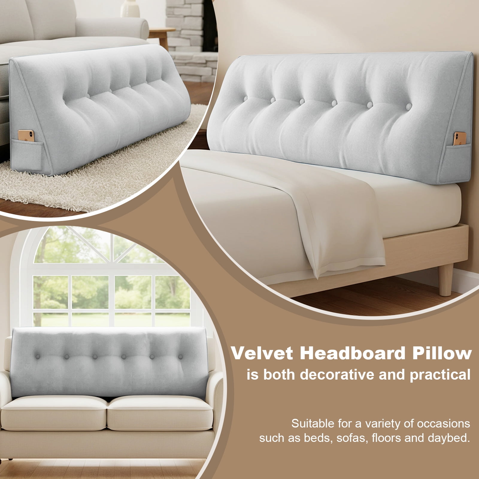 ANMINY Soft Fleece Headboard Pillow - High Elastic Pearl Cotton Filling, Removable Cover, Side Pocket, Ideal for Bed & Sofa Back Support