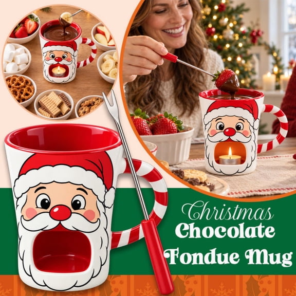 Santa Chocolate Fondue Mug,Christmas Chocolate Warmer with Candy Cane Handle,4.4oz Mini Fondue Set for Fruit and Marshmallows,Dishwasher Safe