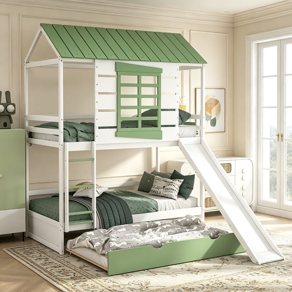 AUU Twin over Twin Size House Bunk Bed with Convertible Slide and Trundle, White and Green