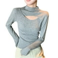 thumbnail image 3 of Women's Long Sleeve Round Neck Hollow Out Solid Color Casual Blouse Tunic Top Soft Lightweight Work Office Outfits | CSEONE,Gray L, 3 of 4