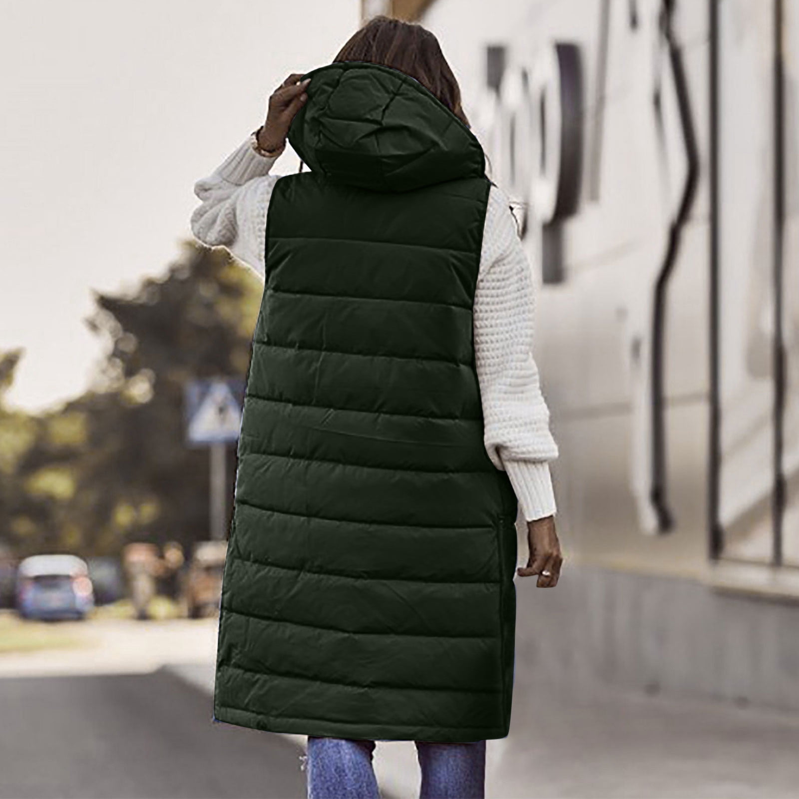 Veste Sans Manches à Capuche Mi-Longue à Simple Boutonnage pour Femmes