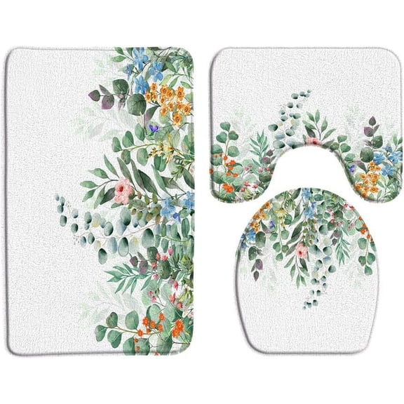 Green Leaves Flower Bath Mat Plant Eucalyptus Leaf Floral Sage Botanical Vine Succulent 3 Piece Bath Rug Sets
