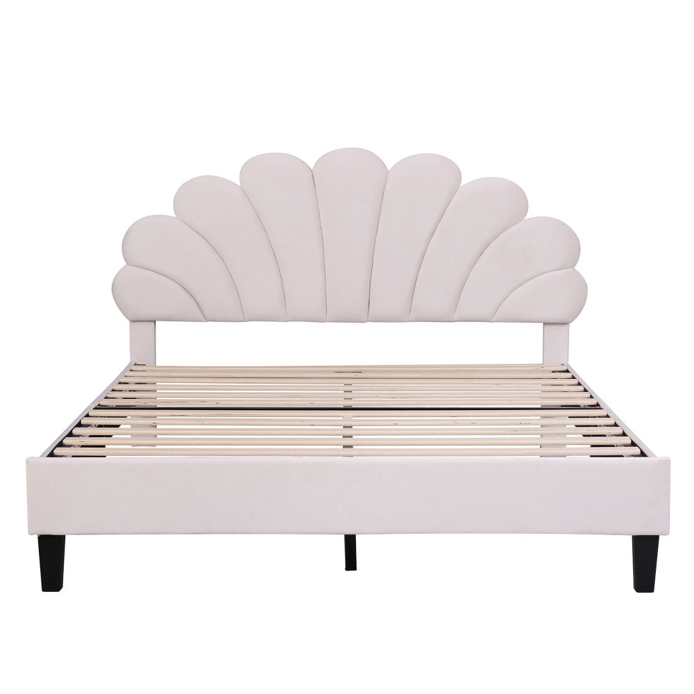 Queen Size Upholstered Platform Bed with Flower Headboard,Velvet Bed Frame for Kids Boys Girls,Beige