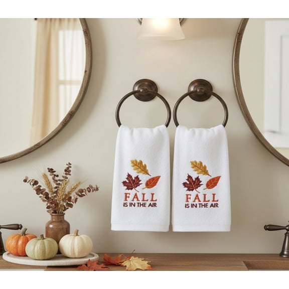 Serafina Home Decorative Fall Fingertip Towels: Plush Velour Cotton Embroidered Colorful Leaves Fall is in The Air, Set of 2