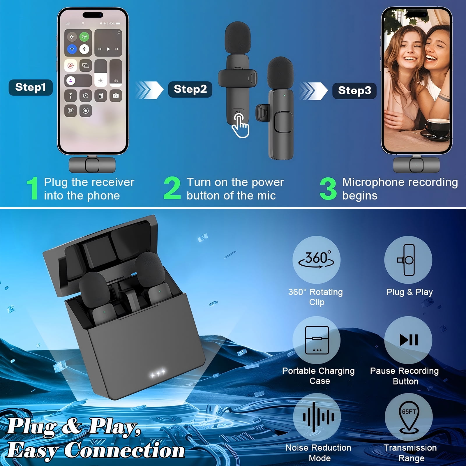 RONY Wireless Lavalier Microphone with Noise Cancelling for iPhone iPad, Dual Professional Mini Mics with Charging Case, 65FT