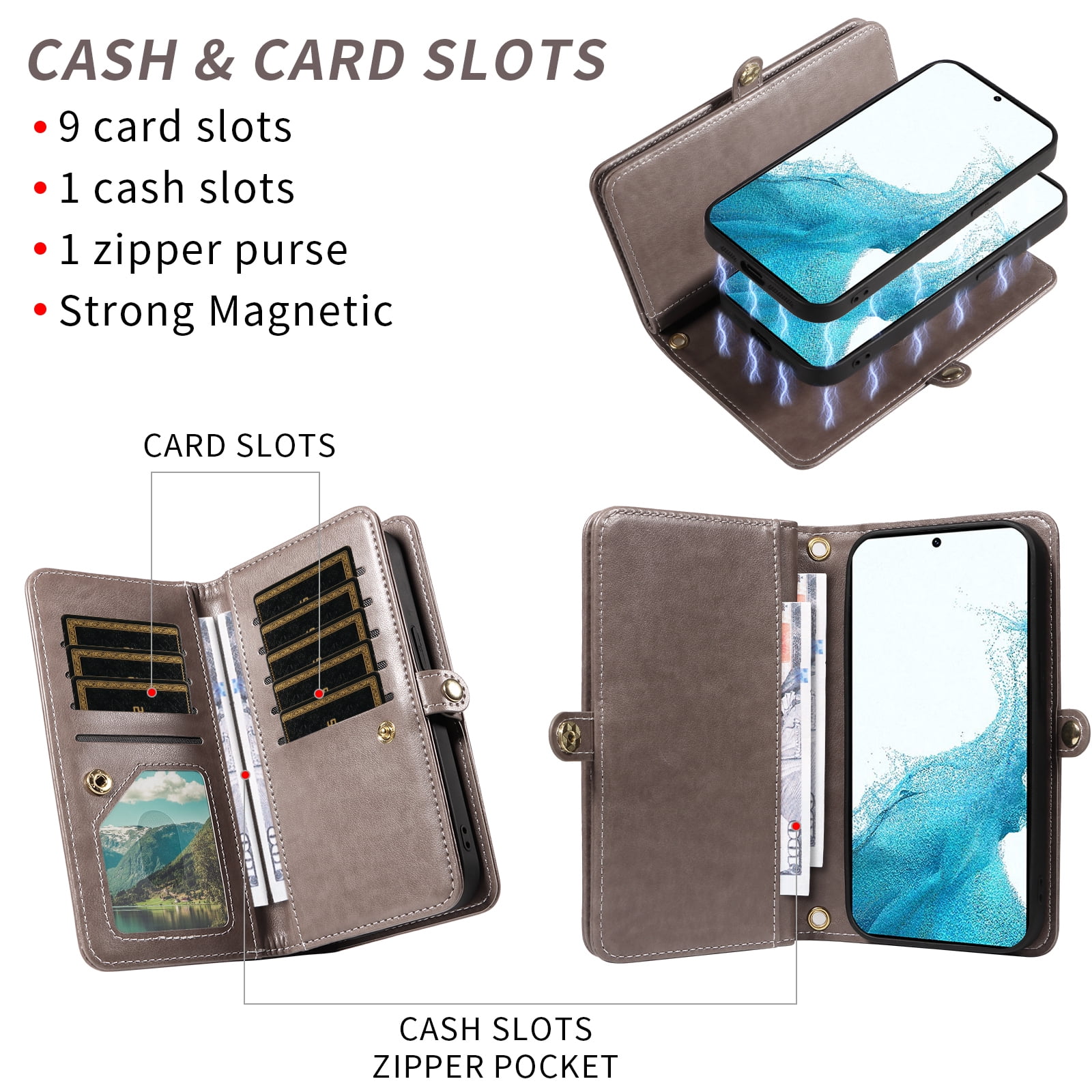 Asuwish Phone Case for Samsung Galaxy S22 5G Zipper Wallet Detachable Cell Cover with Tempered Glass Screen Protector Crossbody Strap Flower Flip Card Holder S 22 22S 4G G5 6.1 inch Women Girls Gray